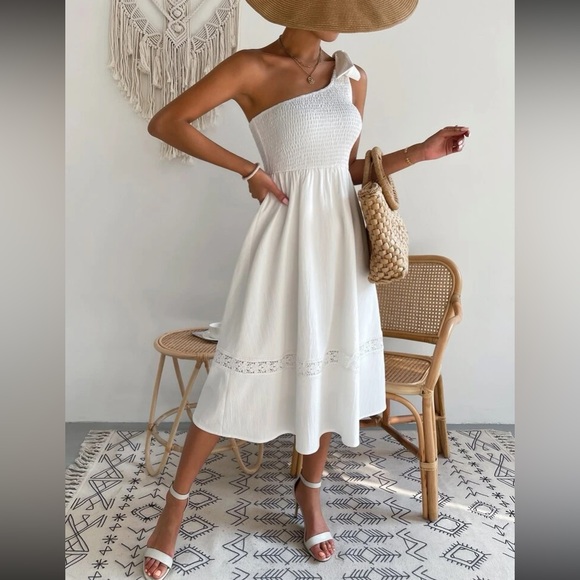 Boho tie one shoulder shoulder shirred lace insert dress